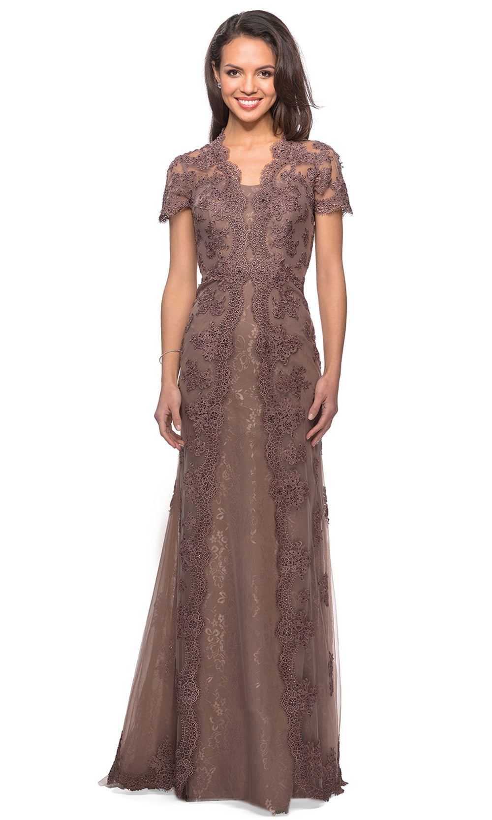 La Femme - 28195 Short Sleeve Embroidered Scallop Lace Dress In Brown