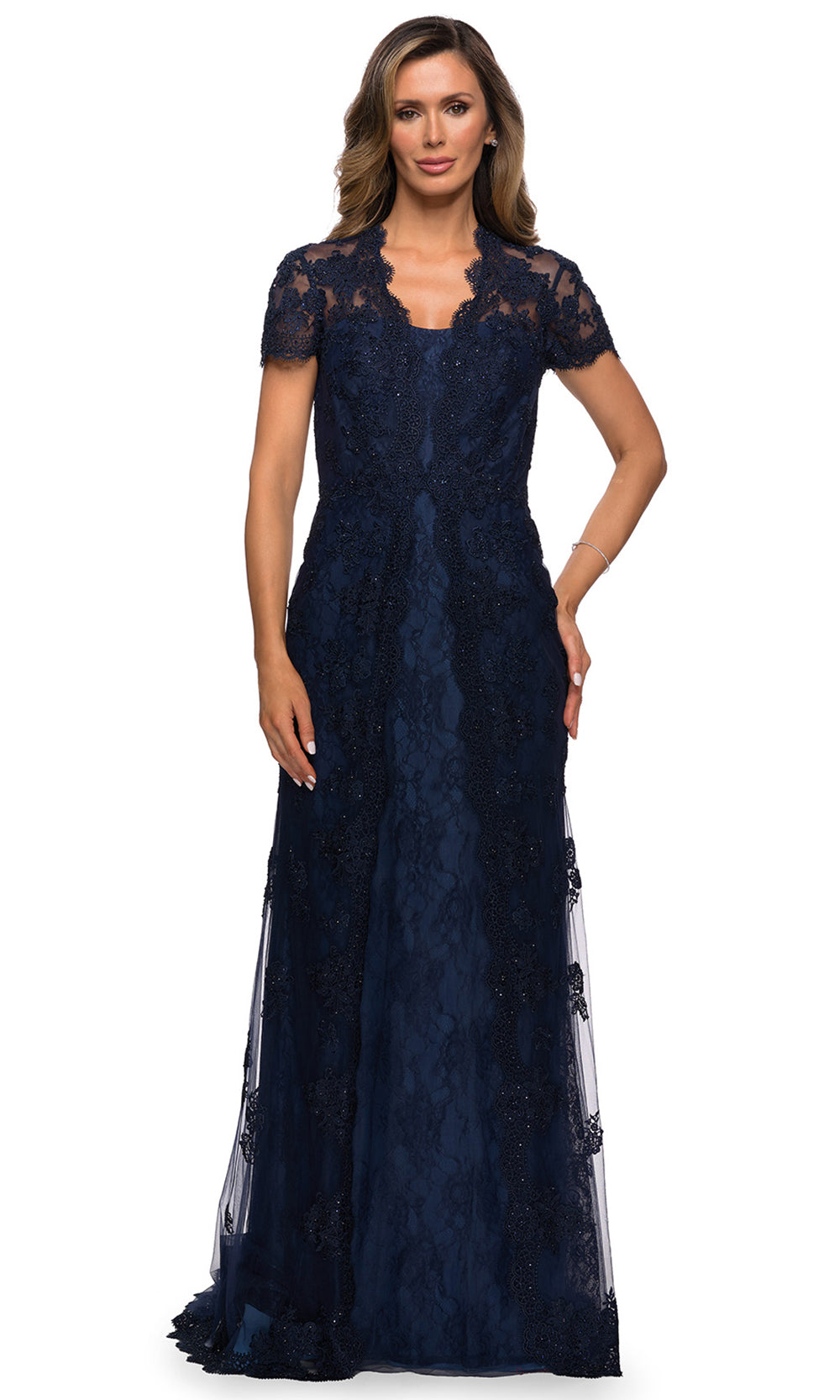La Femme - 28195 Short Sleeve Embroidered Scallop Lace Dress In Blue
