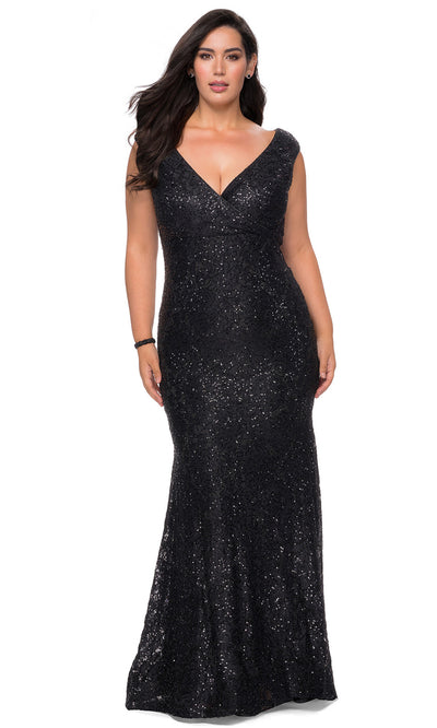 La Femme - 28837 Glimmer Stretch Knit Lace Sheath Evening Gown In Black