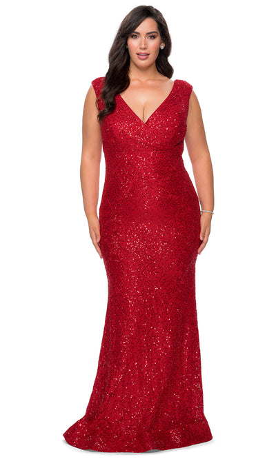 La Femme - 28837 Glimmer Stretch Knit Lace Sheath Evening Gown In Red