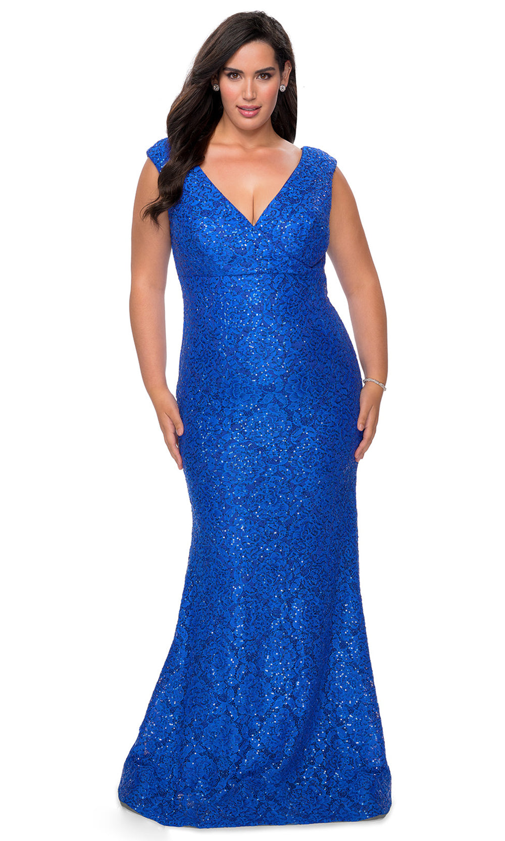 La Femme - 28837 Glimmer Stretch Knit Lace Sheath Evening Gown In Blue
