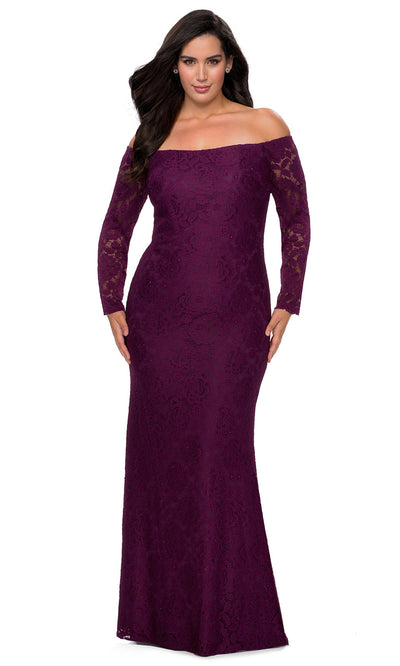 La Femme - 28859 Floral Lace Off Shoulder Long Sleeve Evening Gown In Purple