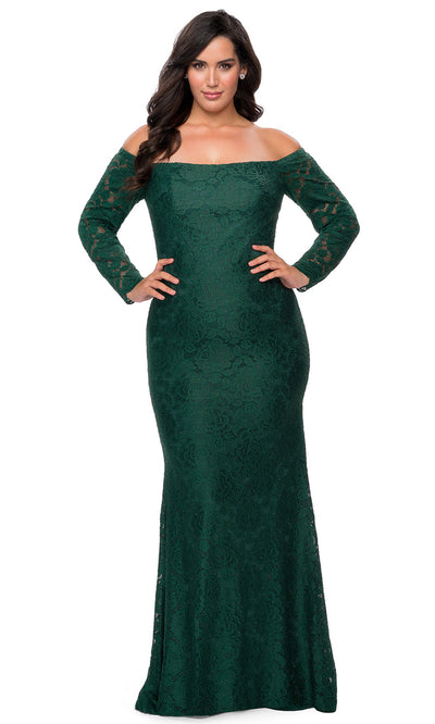 La Femme - 28859 Floral Lace Off Shoulder Long Sleeve Evening Gown In Green