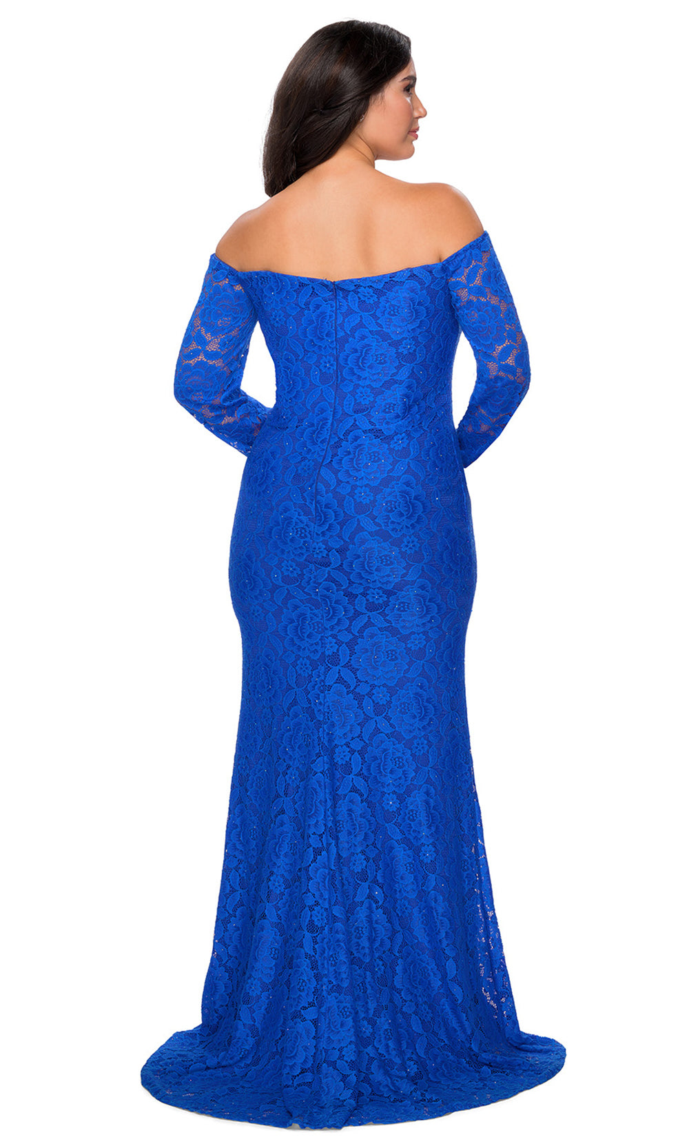 La Femme - 28859 Floral Lace Off Shoulder Long Sleeve Evening Gown In Blue