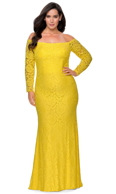 La Femme - 28859 Floral Lace Off Shoulder Long Sleeve Evening Gown In Yellow
