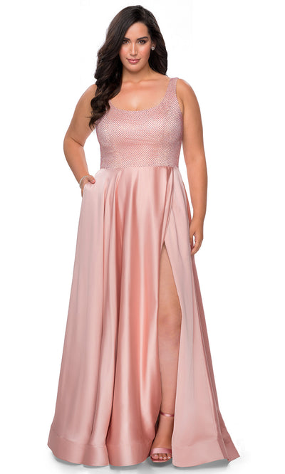 La Femme - 28879 Rhinestone Scoop Neck High Slit Dress In Pink