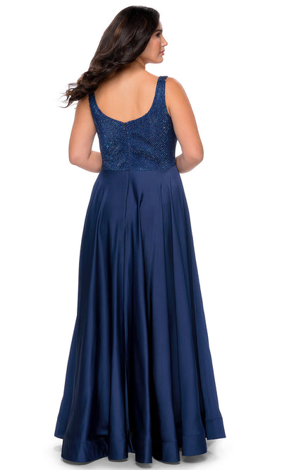 La Femme - 28879 Rhinestone Scoop Neck High Slit Dress In Blue
