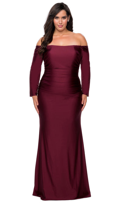 La Femme - 28881 Long Sleeve Off Shoulder Jersey Dress In Burgundy