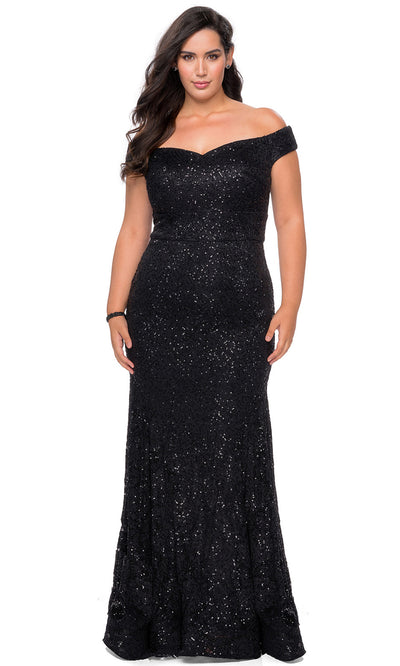 La Femme - 28883 V Neck Off Shoulder Full Lace Mermaid Evening Dress In Black