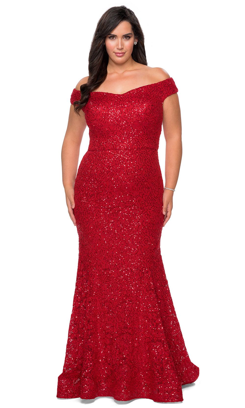 La Femme - 28883 V Neck Off Shoulder Full Lace Mermaid Evening Dress In Red