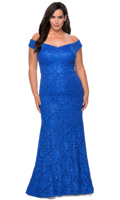 La Femme - 28883 V Neck Off Shoulder Full Lace Mermaid Evening Dress In Blue