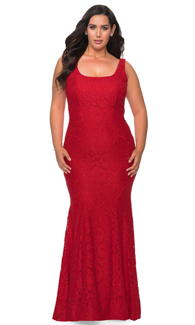 La Femme - 28948 Lace Square Neck Trumpet Dress In Red