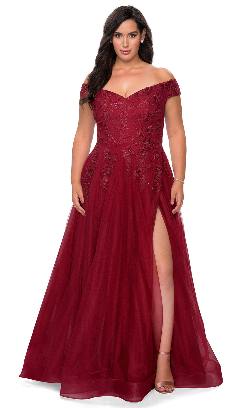 La Femme - 28950 Embroidered Off Shoulder Tulle Gown In Red