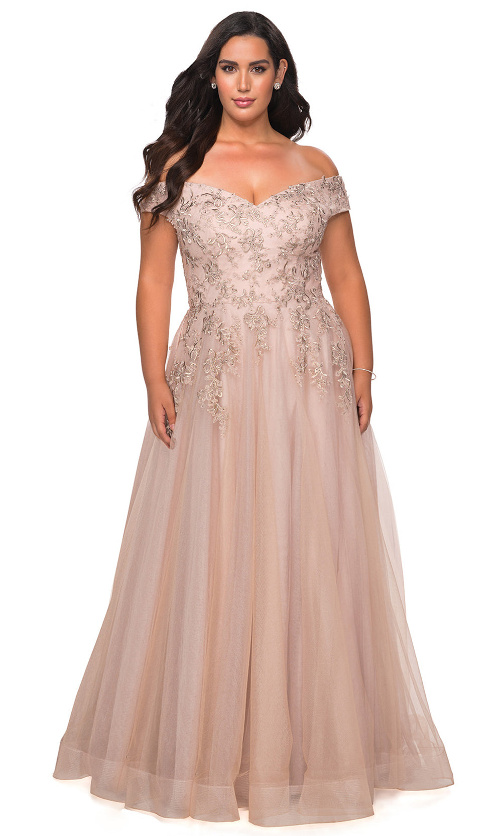 La Femme - 28950 Embroidered Off Shoulder Tulle Gown In Neutral