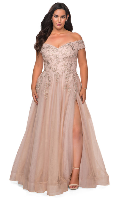 La Femme - 28950 Embroidered Off Shoulder Tulle Gown In Neutral