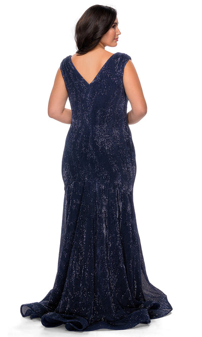 La Femme - 28962 Sequined Plunging V Neck Trumpet Dress In Blue