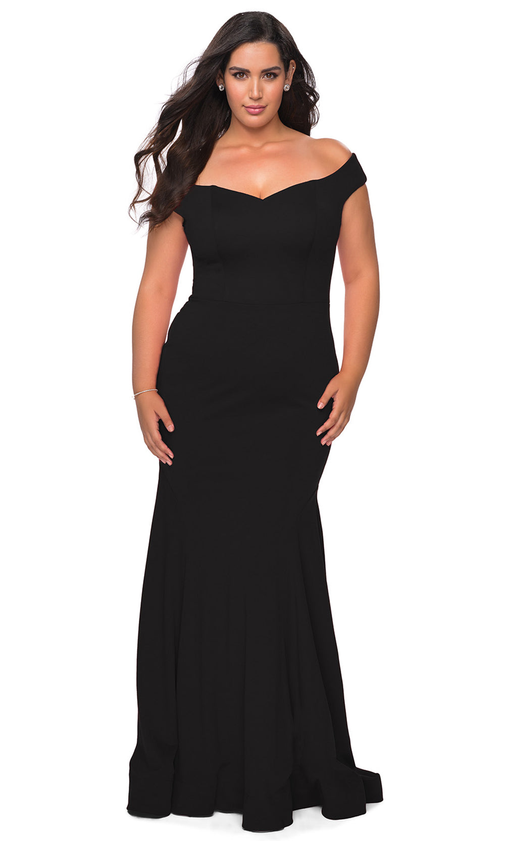 Black La Femme - 28963 Off Shoulder Bodice Jersey Dress | Long Trumpet ...