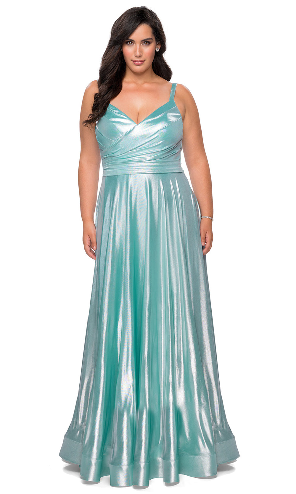 La Femme - 28989 Long Metallic Wrap Style A-Line Dress In Green