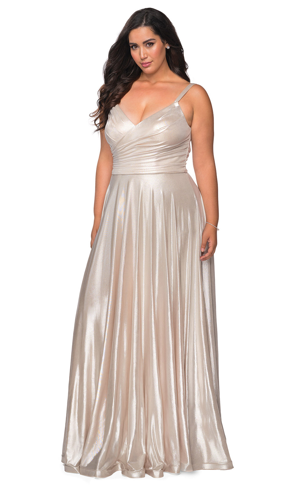 La Femme - 28989 Long Metallic Wrap Style A-Line Dress In Gray and Silver