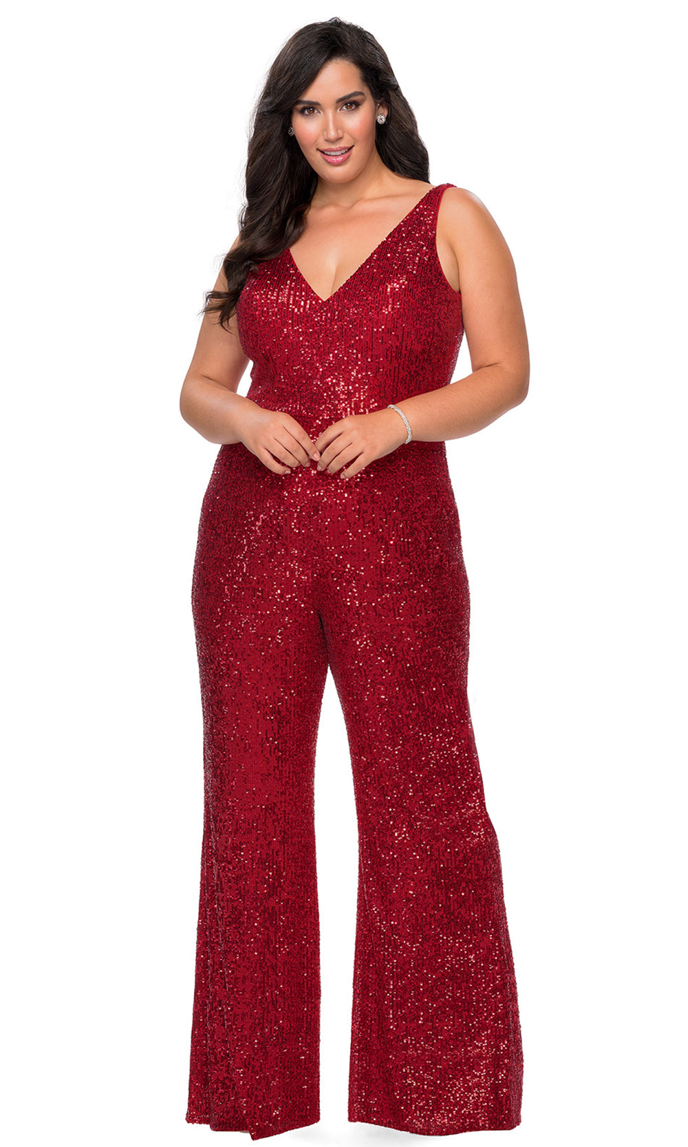 La Femme - 29003 Deep V-Neck Sequined Jumpsuit In Red