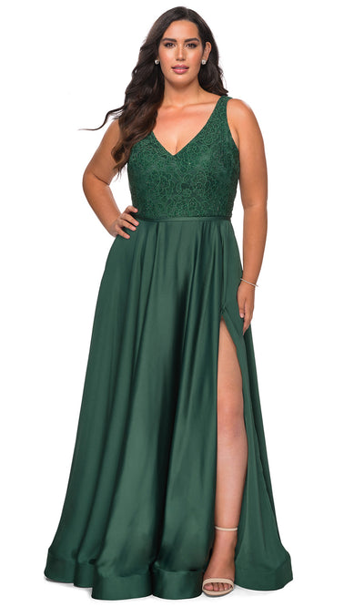 La Femme - 29004 Lace V Neck Satin A-Line Gown In Green