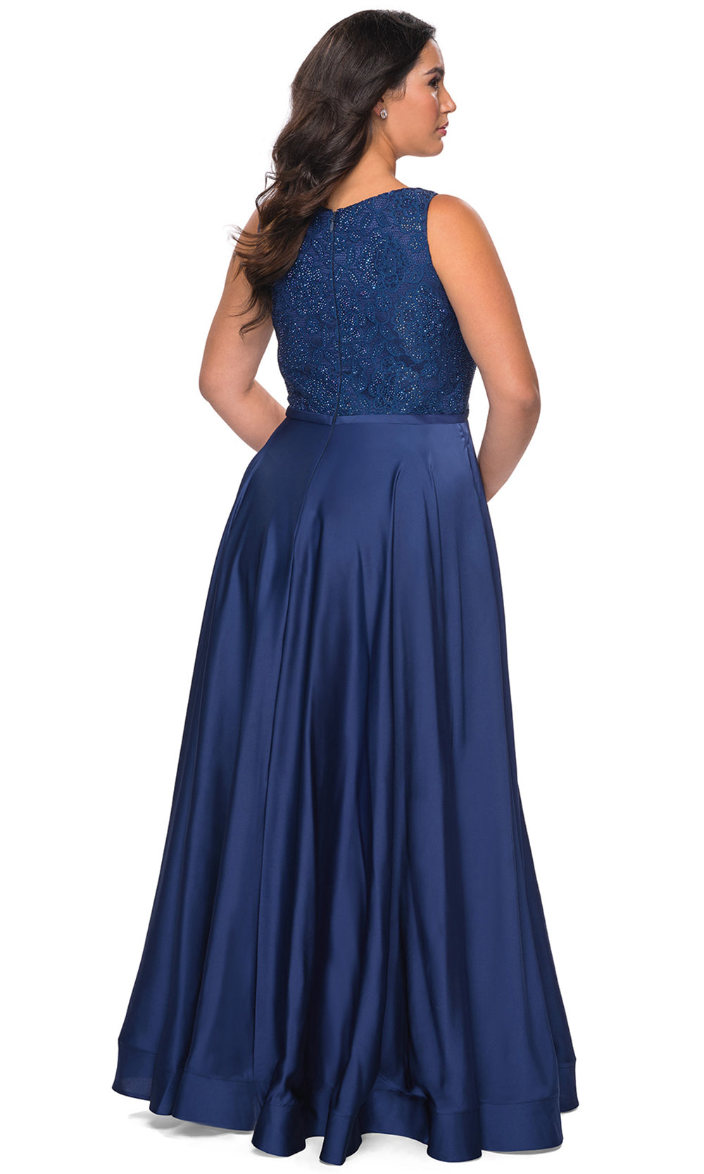 La Femme - 29004 Lace V Neck Satin A-Line Gown In Blue