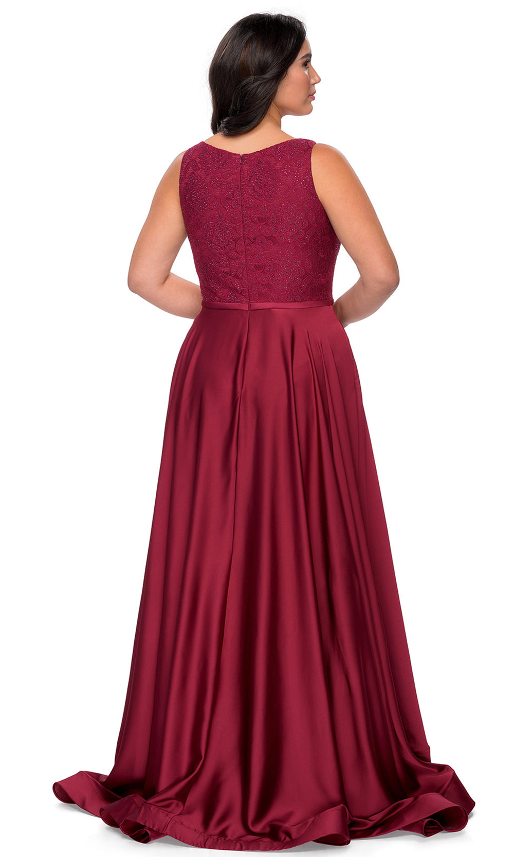 La Femme - 29004 Lace V Neck Satin A-Line Gown In Red