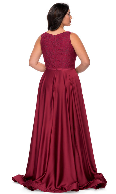 La Femme - 29004 Lace V Neck Satin A-Line Gown In Red
