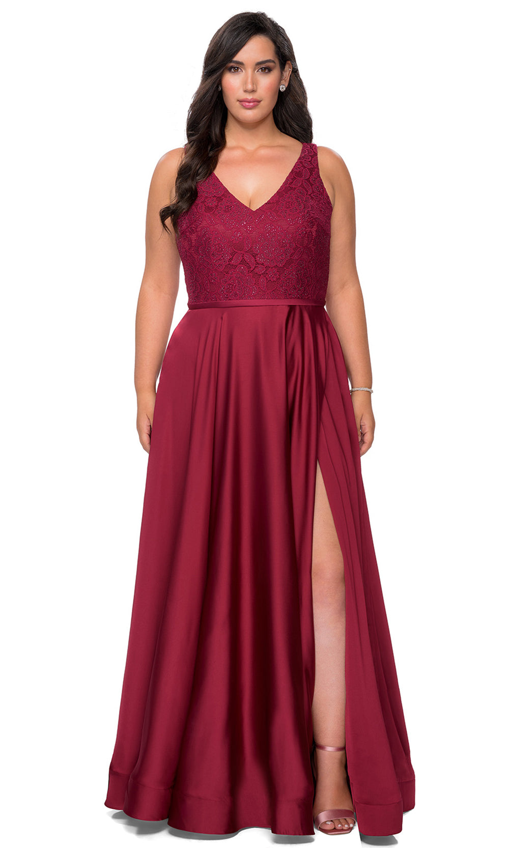La Femme - 29004 Lace V Neck Satin A-Line Gown In Red