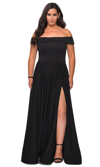 La Femme - 29007 Off Shoulder Jersey A-Line Dress With Slit In Black