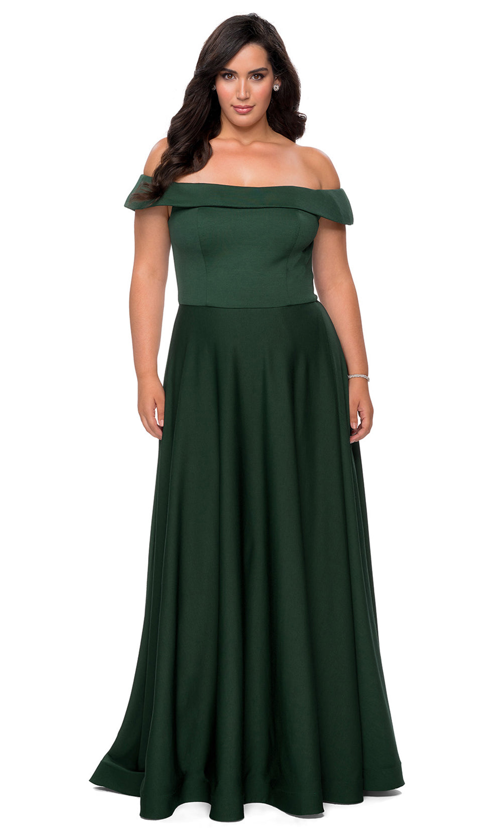 La Femme - 29007 Off Shoulder Jersey A-Line Dress With Slit In Green