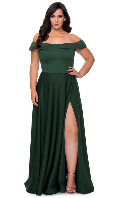 La Femme - 29007 Off Shoulder Jersey A-Line Dress With Slit In Green