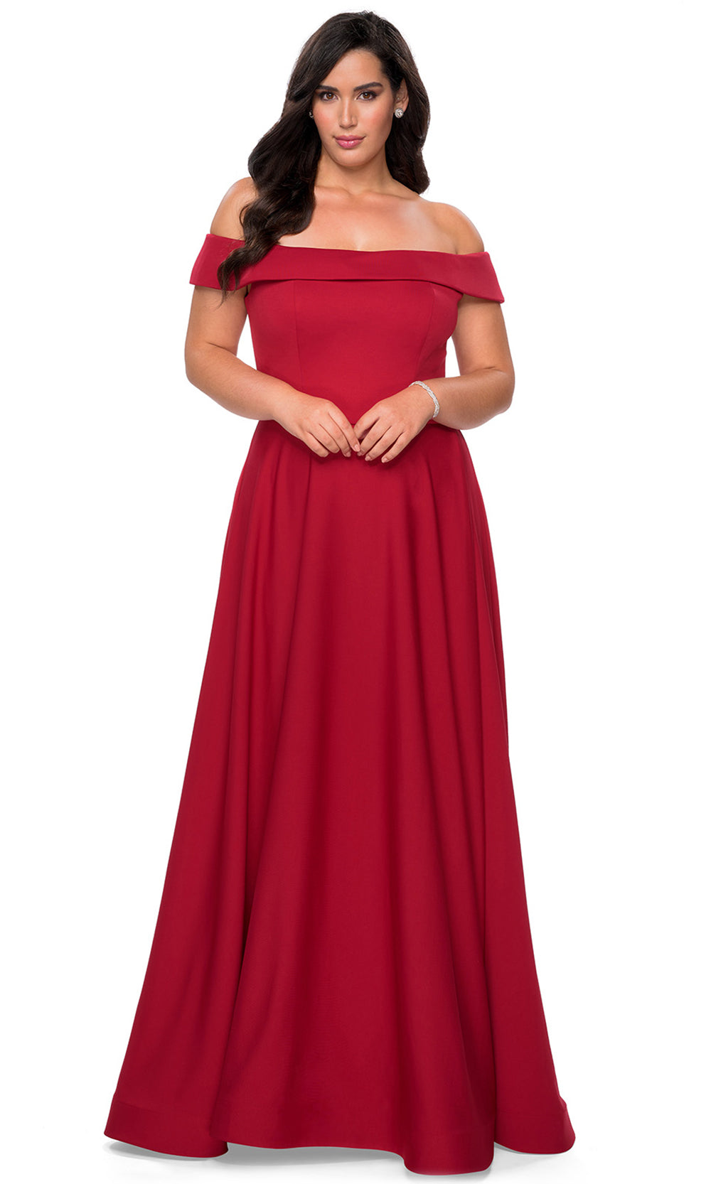 La Femme - 29007 Off Shoulder Jersey A-Line Dress With Slit In Red