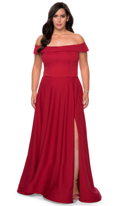 La Femme - 29007 Off Shoulder Jersey A-Line Dress With Slit In Red