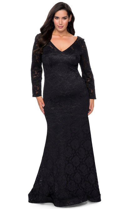 La Femme - 29017 V Neck Long Sleeves Mermaid Dress In Black