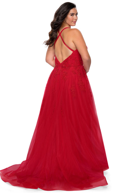 La Femme - 29021 Embroidered High Slit A-Line Dress In Red