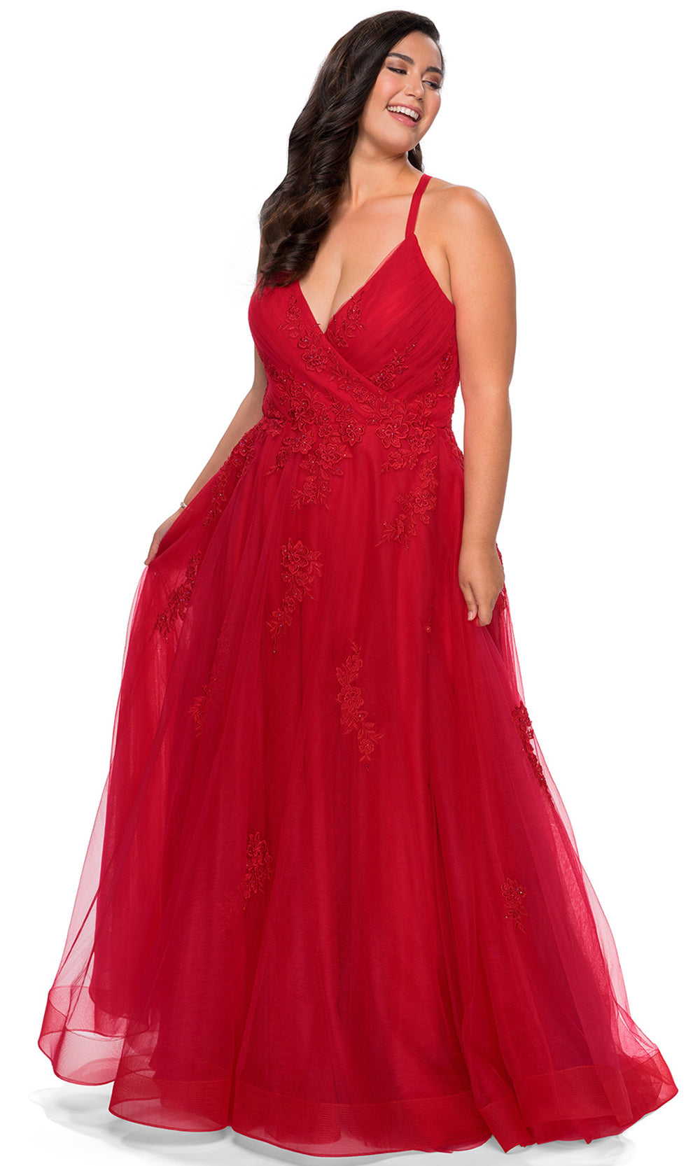 La Femme - 29021 Embroidered High Slit A-Line Dress In Red
