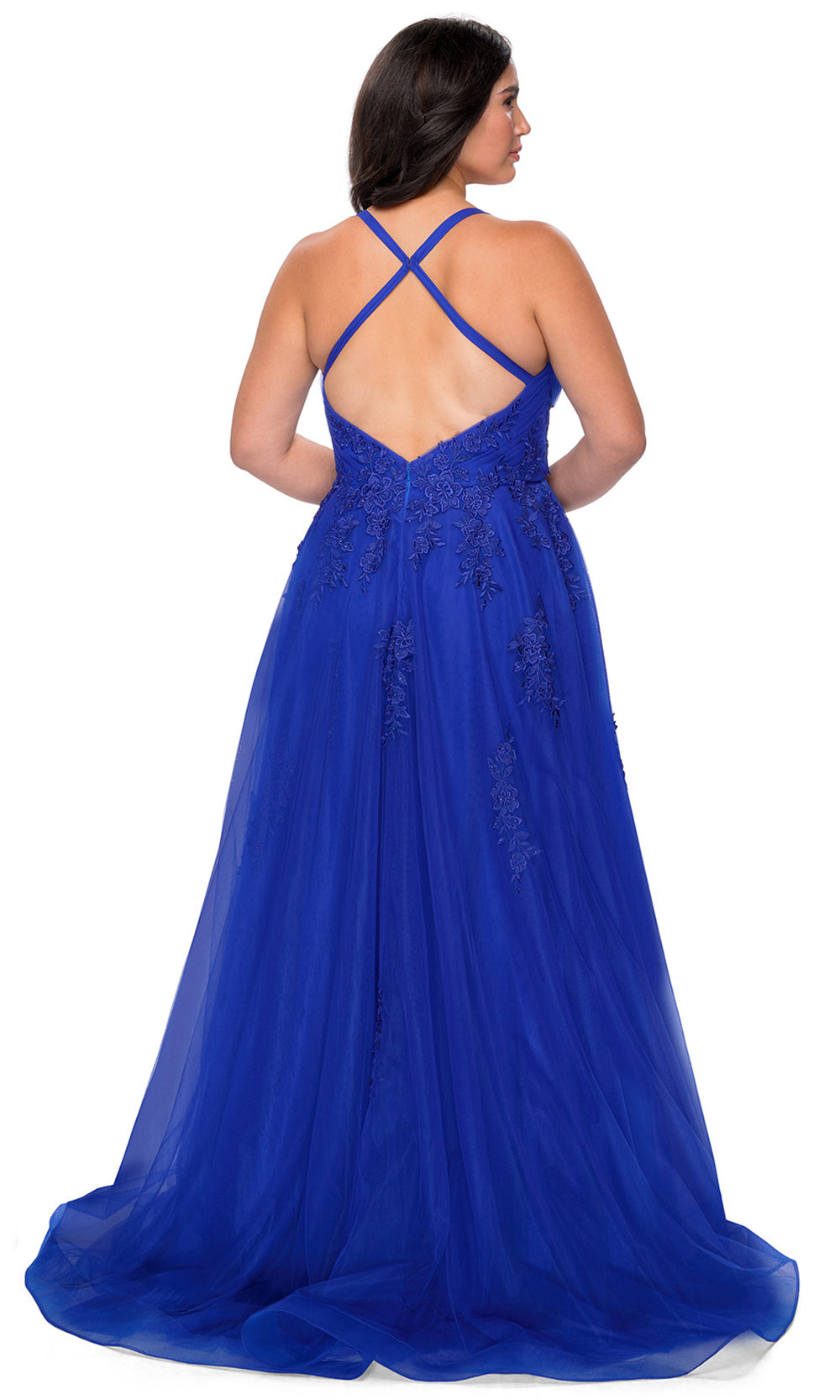 La Femme - 29021 Embroidered High Slit A-Line Dress In Blue