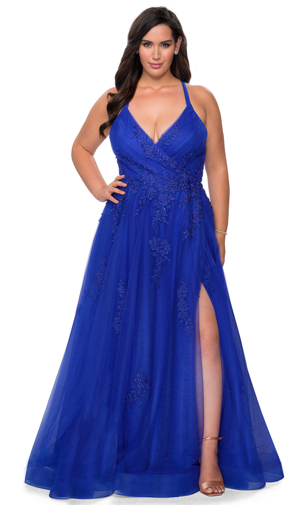 La Femme - 29021 Embroidered High Slit A-Line Dress In Blue