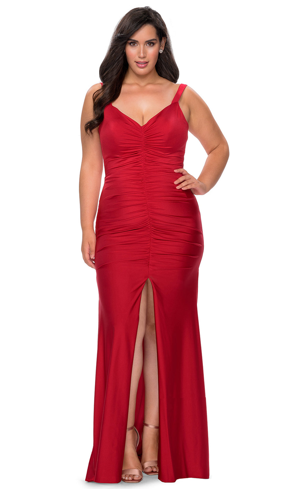 La Femme - 29027 V Neck Trumpet Dress With Slit In Red