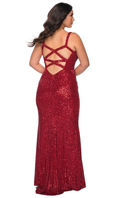 La Femme - 29037 Strappy Sequin V Neck Sheath Dress In Red