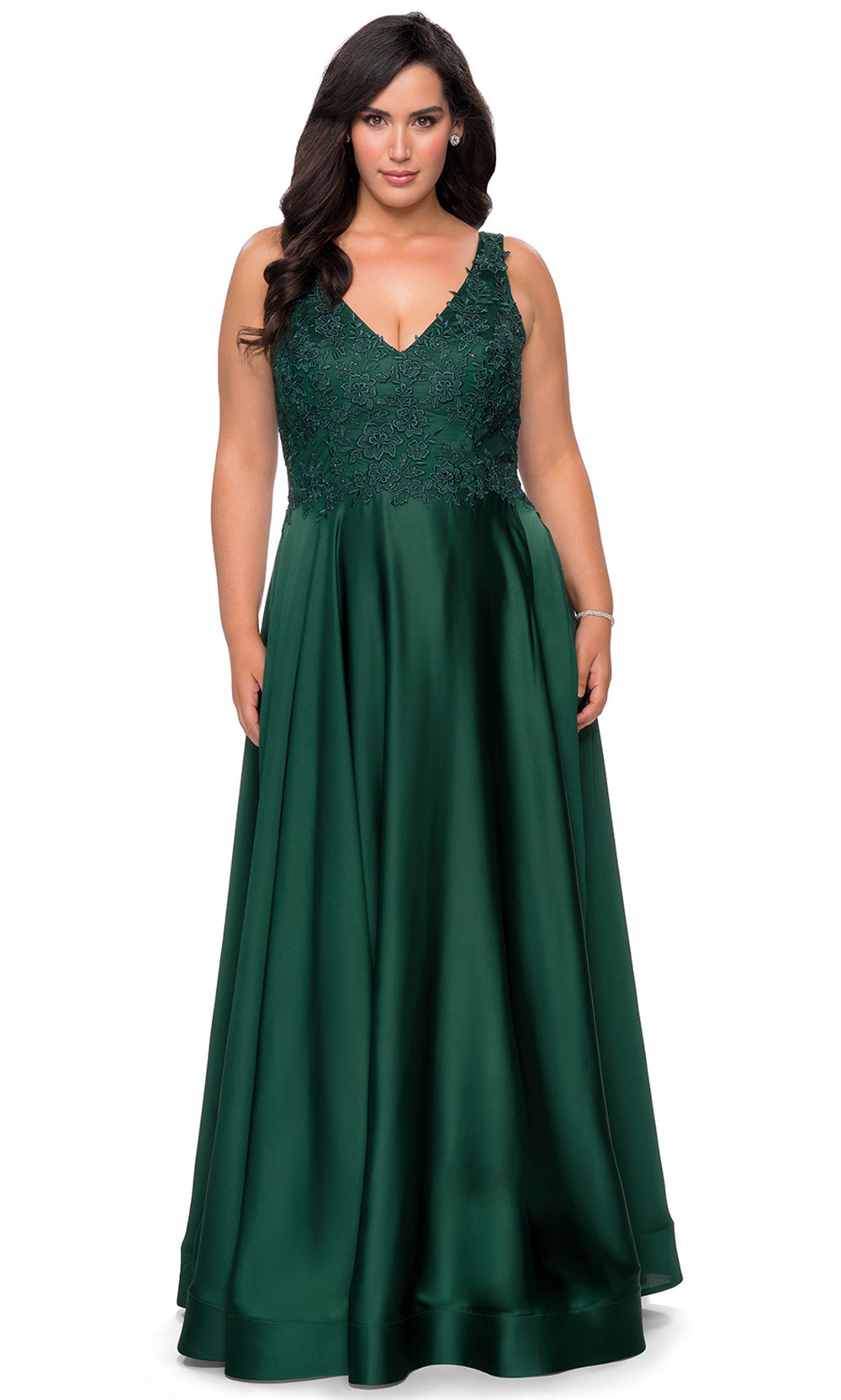 La Femme - 29039 Beaded Lace Satin A-Line Gown In Green
