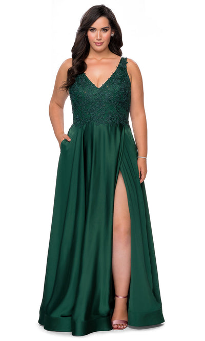 La Femme - 29039 Beaded Lace Satin A-Line Gown In Green