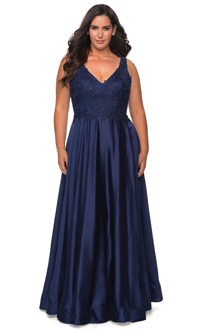 La Femme - 29039 Beaded Lace Satin A-Line Gown In Blue