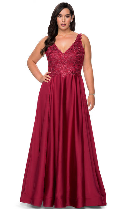 La Femme - 29039 Beaded Lace Satin A-Line Gown In Red