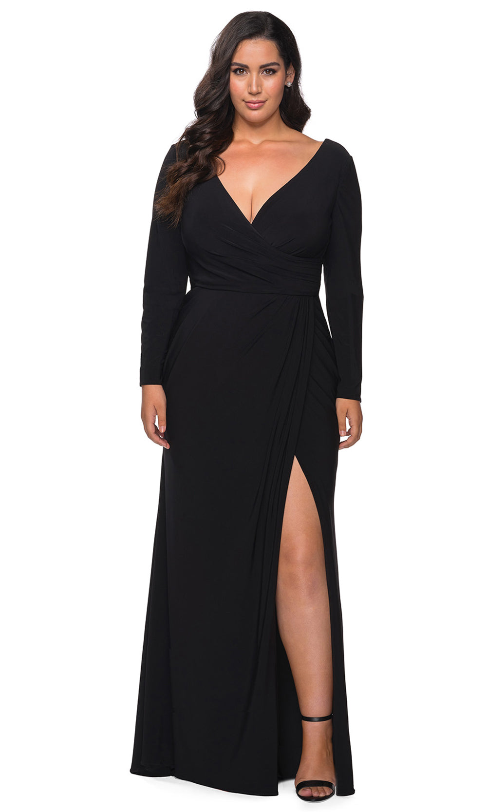 La Femme - 29044 V Neck Long Sleeves Sheath Dress In Black