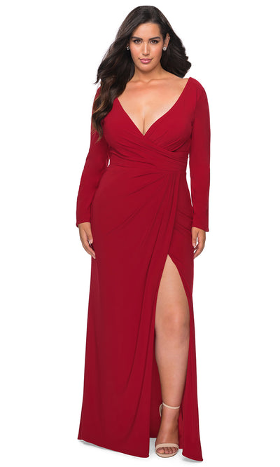 La Femme - 29044 V Neck Long Sleeves Sheath Dress In Red