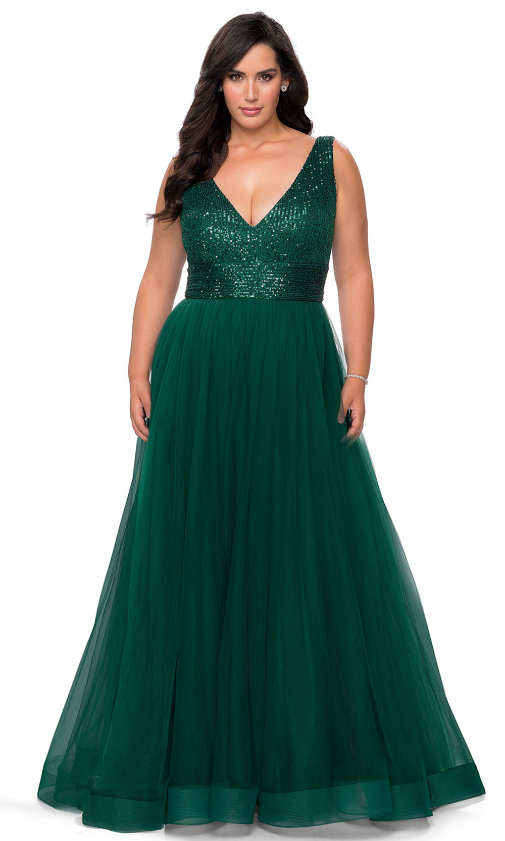 La Femme - 29045 Sequined Deep V Neck Tulle A-Line Gown In Green