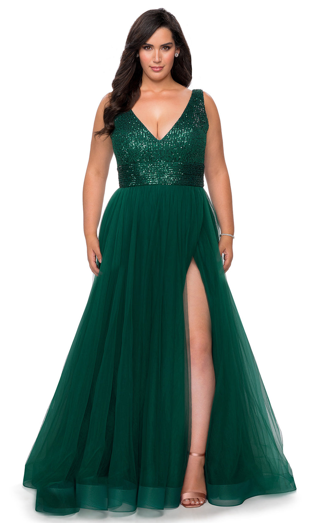 La Femme - 29045 Sequined Deep V Neck Tulle A-Line Gown In Green