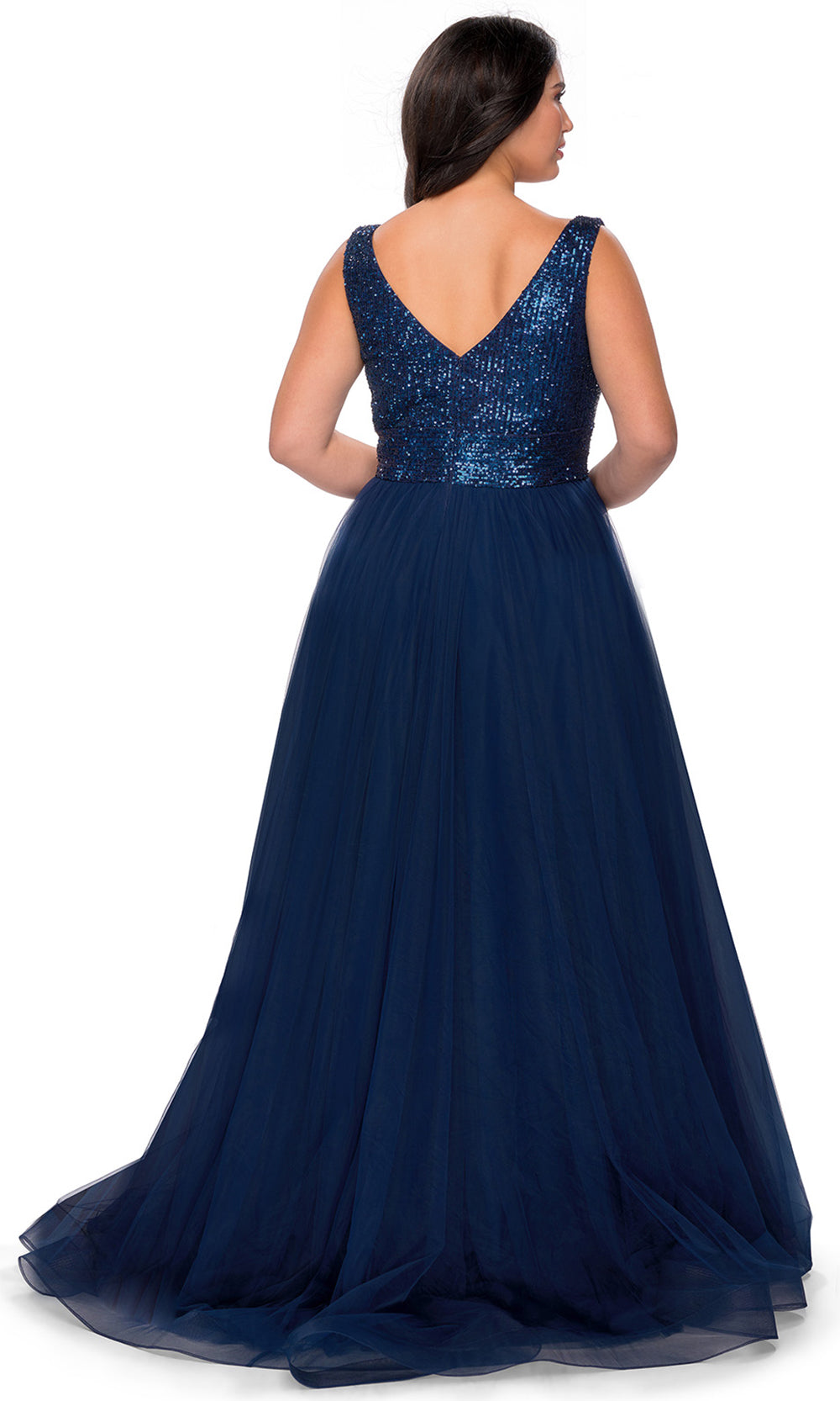 La Femme - 29045 Sequined Deep V Neck Tulle A-Line Gown In Blue